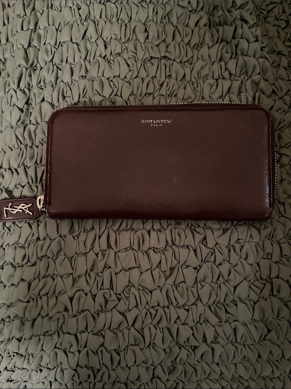 Saint Laurent Pebbled Zip Wallet in Burgundy